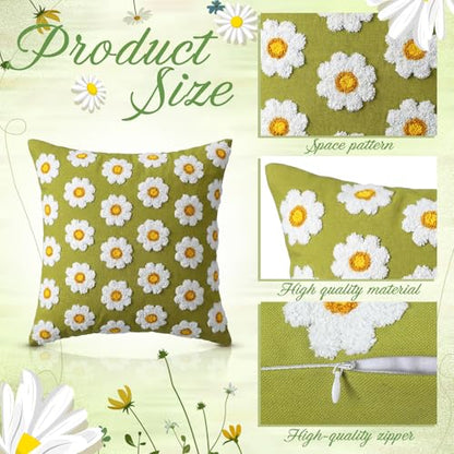 Fourluoo 4 Pcs Daisy Embroidered Throw Pillow Covers 18x18 Daisy Decorative Pillow Cover with Zipper Spring Floral Tufted Cushion Pillowcase for Bed Couch Sofa Living Room - style: Daisy