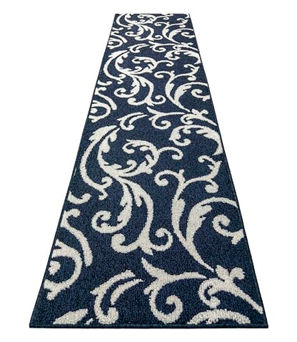 Hallway Runner Rug Non Slip Rubber Backing, 26 inch x 10 ft, Scroll, Blue, Heavy Duty Berber Style Carpet Runner for Entryway, Kitchen, Bathroom, Bedroom, Laundry Room. - color: Scroll Blue, size: 10 Foot Long Runner Rug