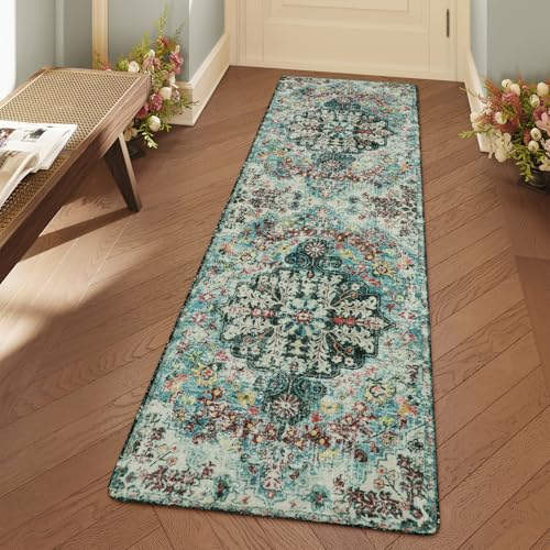 Lahome Reine Bohemian Floral 2x6 Washable Hallway Runner Rug, Non Slip Kitchen Laundry Hallway Rug Runner, Pet Friendly Bathroom Indoor Carpet Runners for RV Camper Entrance Bedroom - color: Teal, size: 2' x 6' (Runner)