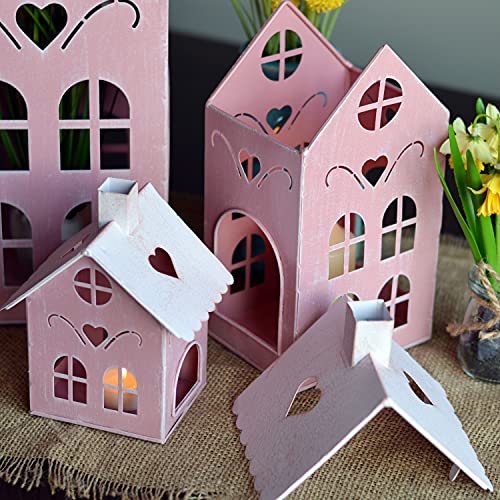 Pop Pink Town House Candle Lanterns, Set of 3, Metal, 15.75, 10.25, and 6 Inches Tall, - color: Pink