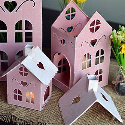 Pop Pink Town House Candle Lanterns, Set of 3, Metal, 15.75, 10.25, and 6 Inches Tall, - color: Pink