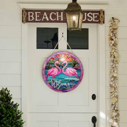 Welcome Porch Wood Sign Flamingos by The Sunset River Round Hanging Plaque Sign for Porch Yard, Housewarming Present, 12x12inch - color: Style 10