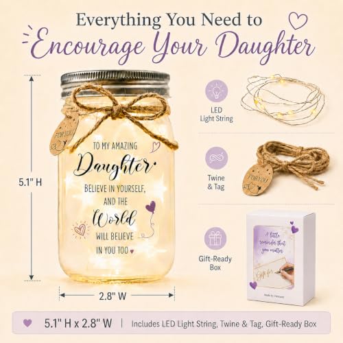 Solmay Daughter Gifts from Mom or Dad, Mason Jar Light | Inspirational keepsake for adult daughters, birthdays & college graduation; a sentimental encouragement present for women - color: Daughter