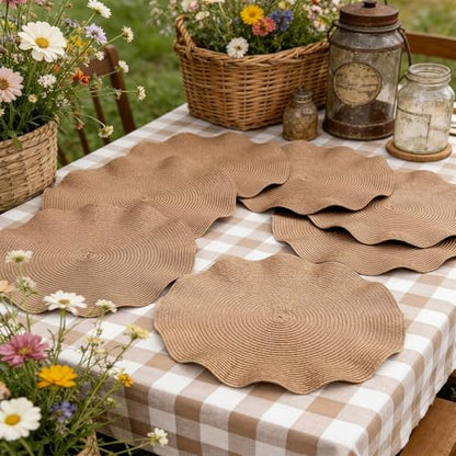 Irenare Scalloped Wedding Rattan Placemats Set of 6 Woven Round Placemat 15 Inch, Wicker Chargers Rattan Table Mat for Dining Table Cup Vase Home Holiday Birthday Party