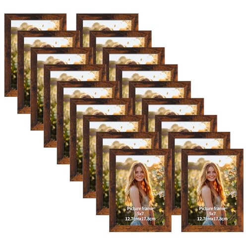 PETAFLOP Picture Frames 5x7 Bulk Set of 18, Wooden Brown Photo Frames Fits 5 by 7 for Wall or Tabletop Display - color: Light Brown, size: 5x7