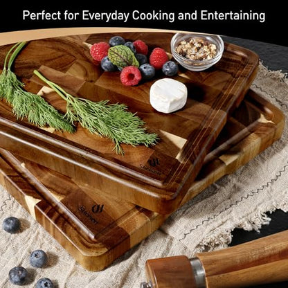End Grain Cutting Board Set of 2 with Non-slip Feet, Reversible Acacia Wood Cutting Boards for Kitchen with Juice Grooves and Handles Non Toxic Chopping Board Butcher Block Serving Tray Kitchen Gift - size: Multiple Sizes (Set of 2)