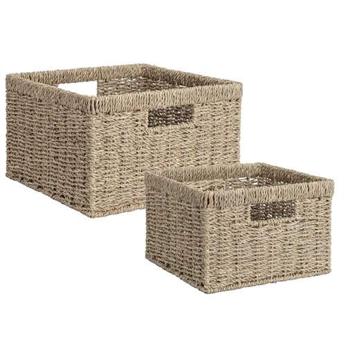 StorageWorks Wicker Storage Baskets for Shelves, Seagrass Baskets, 2-Pack | Handwoven Seagrass Baskets for Organizing, Decorative Wicker Baskets with Built-in Handles, Woven Baskets for Storage - color: Natural (Seagrass), size: 11½"L x 11½"W x 7"H + 9¾"L