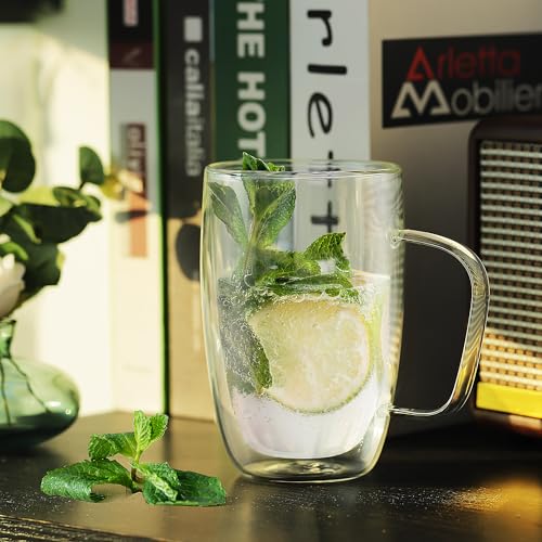 Joeyan Large Clear Double Walled Glass Coffee Mugs 16 oz, Double Layer Tea Latte Cappuccino Glasses Cups with Handle, Double Lined Insulated High Borosilicate Glassware for Hot Drinks, Set of 2 - color: 500ml-Clear