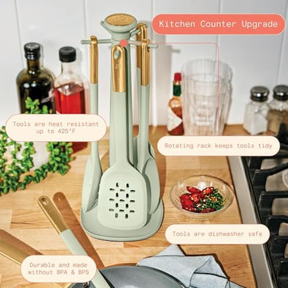 6 Piece Silicone Kitchen Utensil Set with Rotating Holder, Heat Resistant Cooking Tools, Nonstick Safe Spatula Spoon Turner Set with Storage Rack (Sage Green) - color: Sage Green