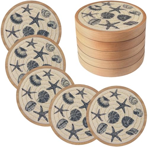 5 Pack Coasters for Drinks Absorbent, 4.3 inches Ocean Beach Woven Coasters for Coffee Tables, Wooden Drink Coasters for Table Protection, Reusable Drink Coasters for Kitchen, Farmhouse, Bar, Office - color: #3 Ocean, size: 5 Pack