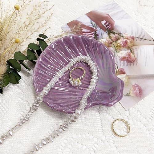 Shell Jewelry Ring Holder Dish, Seashell Jewelry Dish Tray, Ceramic Jewelry Plate Bowl, Engagement Trinket Dish, Wedding Birthday Mother's Day Christmas Gift for Women, 3.9", Purple Iridescent Surface - color: Purple