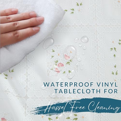 Threadmade Floral Lace-Inspired 3-Yard Cut-to-fit Vinyl Tablecloth/Table Protector, White - 54" W x 108" L - color: Floral White