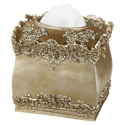 Victoria Rose Tissue Cover, Satin Gold | Resin, Handpainted, Dimensional Flowers, Blooms, and Scrolls, Scalloped Edges, Holds Boutique Size Tissue Box