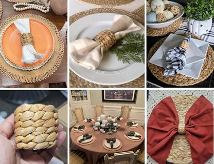 Napkin Rings Set of 4, Handmade Water Hyacinth Boho Napkin Rings, Anillos para Servilletas De Tela, Rustic Farmhouse Napkins Holder for Elegant Table Decoration, Christmas Table Decor, Wedding Decor