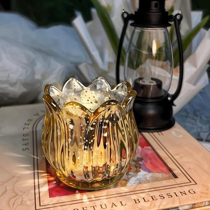 Tulip Votive Candle Holders Set of 12, Tea Light Candle Holder Glass for Table Centerpiece, Tealight Candle Holders for Wedding Déco, Birthday, Anniversary, Parties, and Holiday (Glod) - color: Glod - Set of 12