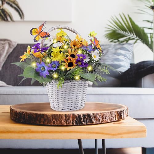 Eksen Artificial Flowers in Basket Vase with Lights, Faux Floral Arrangement for Table,Home Kitchen Centerpieces Party Decor