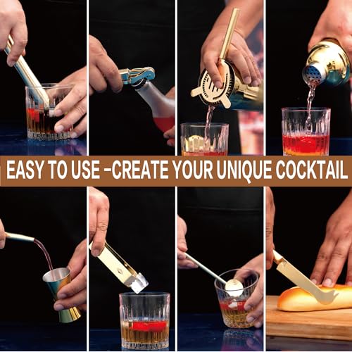 JNWINOG 9Pcs-Cocktail Shaker Set Bartending Kit Cocktail Bar Set Cocktail Mix Drink Making Kit Professional Bar and Home Drink Bar Tools for Bartender (Gold, 9Pcs) - color: Gold, size: 9Pcs