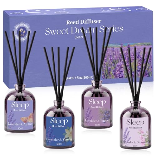 STRN Reed Diffuser Sets, 4 Lavender Scent Diffuser Summer Fragrance 200ML | Long-Lasting Geranium, Juniper, Vanilla, Amber Scents for Bedroom SPA Home - color: Purple 2