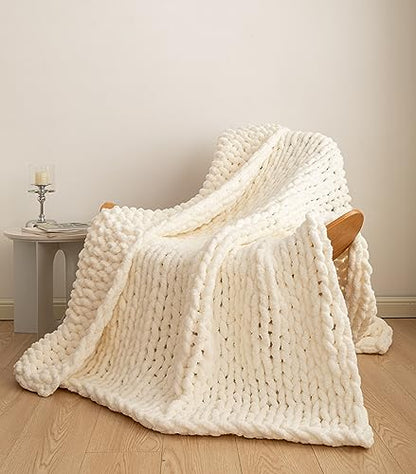Chunky Knit Blanket Soft Chenille Yarn Knitted Throw Blanket 50"X60" Handmade Cable Warm Thick Giant Blanket for Couch Bed Trips (White, Throw 50"X60")?-¡­ - color: Cream White, size: Throw 50"X60"