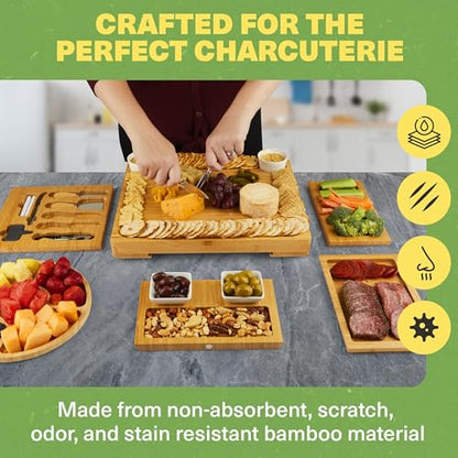 Dynamic Gear Charcuterie Board with Pull Out Drawers - Expandable Bamboo Cheese Board Set with Utensils, Bowls, Serving Trays, Utensil Drawer, and Appetizer Tray - Chic Charcuterie Boards with Drawers