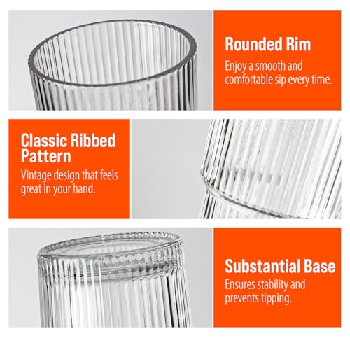 SUROQUE 20oz Ribbed Glass Tumblers with Lids & Straws, Ideal for Iced Coffee, Cocktails & More - Includes Cleaning Brush - color: 4 Pack - 20OZ Standard