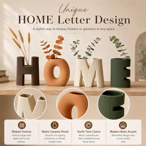 Home Sign Vases Set of 4, Ceramic Letter Flower Vases with Ribbed Texture, Modern Boho Decorative Vases for Living Room Shelf Decor, Entryway Table Centerpiece, Bookshelf, Office, Housewarming Gift