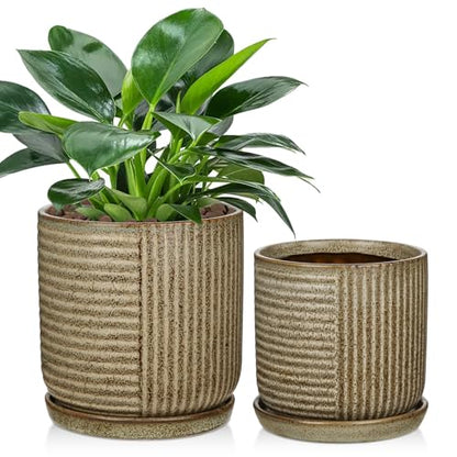 Oairse Ceramic Pots for Indoor Plants, 6.1 +4.9 inch Pots for Plants Set of 2 Brown Plant Pots with Drainage Holes and Saucers Texture Ceramic Planters Indoor Outdoor Flower Pot for Succulent - style: Round Shaped