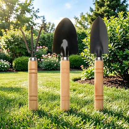 Mini Gardening Tool Set - 3PCS Hand Shovel, Rake, Spade with Wooden Handle - Small Planting Weeding Kit for Indoor Succulents, Cactus, Herbs, DIY Terrarium - Cute Garden Tools for Kids & Adults