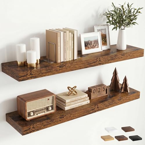 36 inchs Floating Shelves for Wall Mounted Set of 2,Rustic Wood Floating Shelf with Invisible Brackets for Small Bathroom,Bedroom,Living Room,Modern Home Decor -Rustic Brown - color: Rustic Brown, size: 36''W x 7.9''D x 1.5''H,Set of 2-MDF