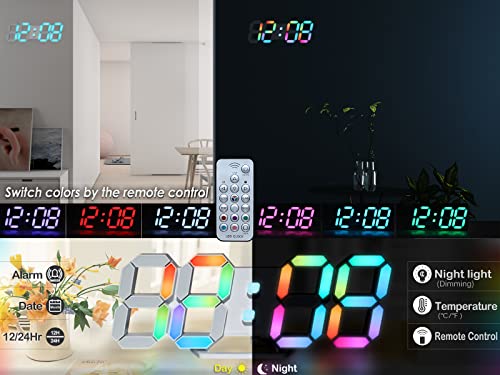 Wall Clock Neon Digital Clock 3D LED Desk Clock Large Display 9.7" RGB Clock Alarm Clock for Bedroom Living Room,Remote,Brightness Dimming, Date,Temp - color: 9.7in Clock-neon Light