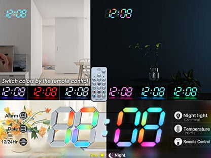 Wall Clock Neon Digital Clock 3D LED Desk Clock Large Display 9.7" RGB Clock Alarm Clock for Bedroom Living Room,Remote,Brightness Dimming, Date,Temp - color: 9.7in Clock-neon Light