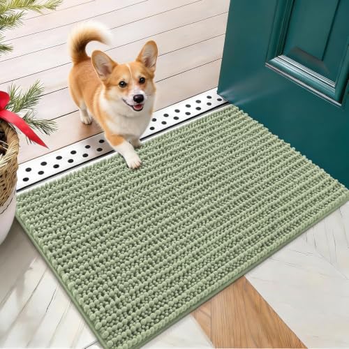 OLANLY Dog Door Mat for Muddy Paws 24x16, Ultra-Absorbent Chenille Mud Mat | Sage Green, Absorbs Moisture and Dirt, Non-Slip Washable Doormat, Quick-Drying Indoor Entryway Floor Carpet for Dogs - color: Sage Green, size: 24" X 16"