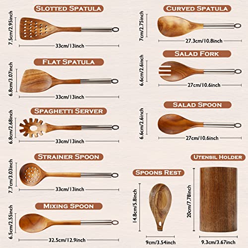10PCS Teak Wooden Utensils Set With Holder & Spoon Rest, Stainless Handle | Non-scratch, Durable, Non Toxic, Non-Stick, Smooth Finish, Easy to Clean, Comfort Grip, House Warming Gift - size: 10Pcs Set