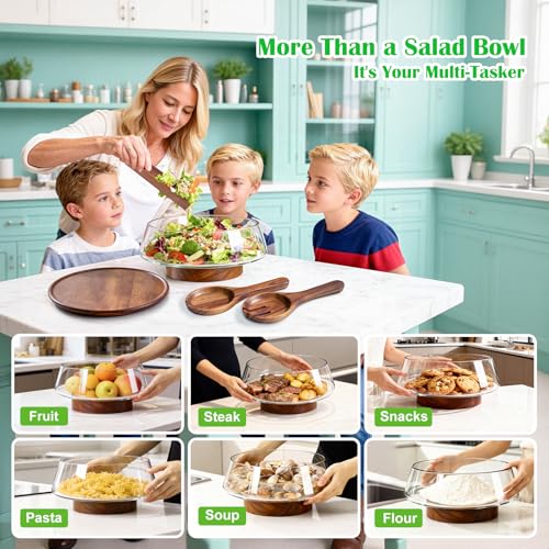 Extra Large Glass Salad Bowl with Lid Set, 5-Qt (160 fl oz) Mixing/Serving Bowl with Wood Base & Salad Servers, Trifle Bowl for Kitchen, Parties & Christmas