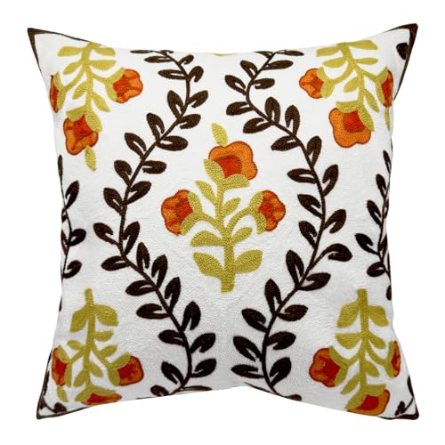 Alysheer Floral Embroidered Fall Decorative Throw Pillow Cover 18"x 18", Farmhouse Cottage Orange Flowers Brown Leaves Knit Pattern Cotton Canvas Cushion Case for Sofa Couch Bed Living Room Decor - color: Orange Brown, size: 18" x 18" (Pack of 1)