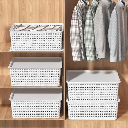 6 Packs Plastic Woven Storage Basket with Lid, Stackable Lidded Storage Baskets for Shelves (White)