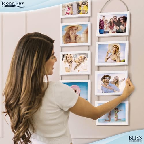 5x7 Hanging Picture Frames Collage with 8 Openings - Winter White, 2 PK | Icona Bay casual style engineered wood frames, designed for wall hanging, space-saving photo display, Bliss collection - color: Winter White, size: 5x7