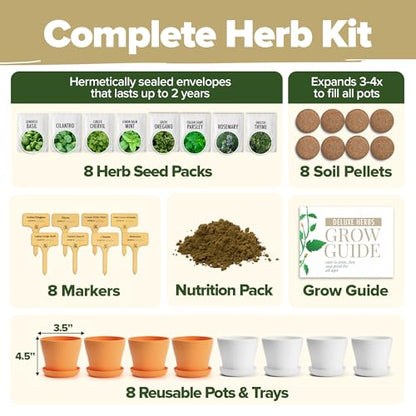 HOME GROWN Gift Herb Kit – 8 Herb Seeds Set with Basil, Cilantro, Mint & More, Complete Indoor Grow Kit for Kitchen, Gardening Gifts for Women & Men, Ideal for Cooking & Home Décor - style: Deluxe Herb Grow Kit