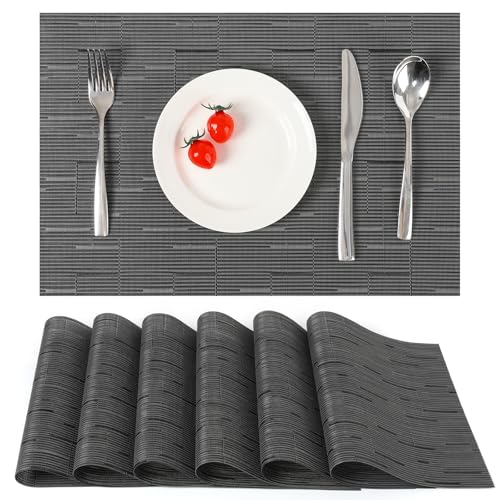 Myir JUN Placemats Set of 6 Kitchen and Dining Table Placemats | Vinyl Placemats Place Mats Indoor/Outdoor Set of 6 Washable Table Mats Non-Slip Place mats for Dining Table, Black-gray - color: Black-gray, size: Set of 6