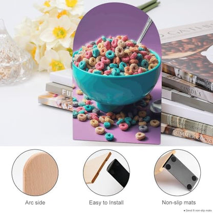 Cereal in Bowl Book Ends for Shelves Heavy Duty Non-Slip Wooden Bookends with Metal Base Modern Decorative Wooden Book Holders Book Stopper for Home Office And Library,Books Shelf Holder Organizer Acc