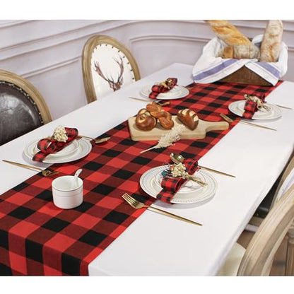 Buffalo Plaid Cotton Blend Table Runner, Classic Farmhouse Checkered Table Runner, 14x72-Red and Black - color: Red and Black, size: 14*72inch