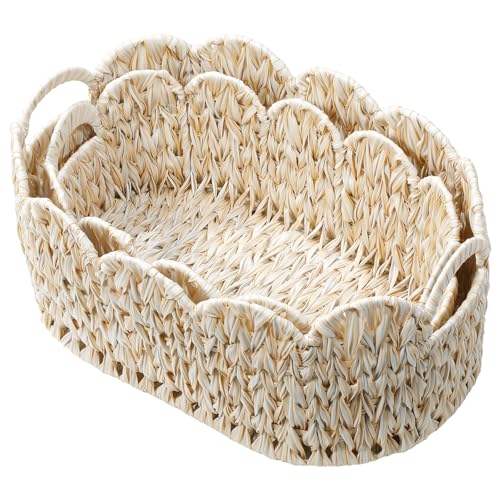 Coeusy Wicker Scalloped Basket Set of 2,Woven Storage Baskets for Shelves,Closet,Laundry,Gifts,Towels,Books,Toys,Waterproof Boho Decor Basket for Organizing - color: Beige