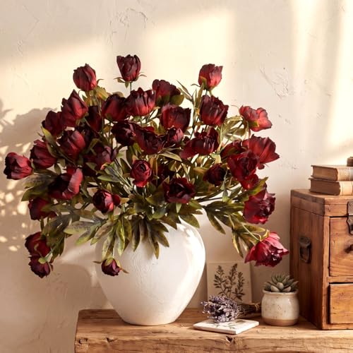 Thiccywoov Faux Silk Peony Artificial Flowers Stem for Vase,8 Pcs,Dark | Red, Black Fake Peonies Branches with Stems, for Fall Autumn Home DIY Bouquet Centerpieces Wedding Arrangements Shower Decor - color: Dark