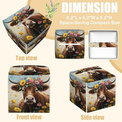 Leather Tissue Box Holder Cow with Flowers Tissue Box Cover Facial Paper Case Organizer Cube Napkin Dispenser for Bathroom Vanity Countertop Night Stand Office Car - color: Cow With Flowers