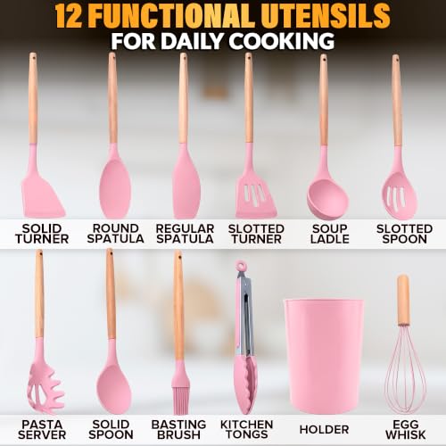 12 Pcs Pink Cooking Utensils Set with Holder for Nonstick Cookware | Silicone Kitchen Utensils Set for BBQ; Heat-Resistant Tools with Wooden Handles for Baking, Serving, Frying, and Mixing - color: Pink