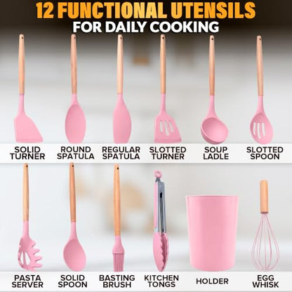 12 Pcs Pink Cooking Utensils Set with Holder for Nonstick Cookware | Silicone Kitchen Utensils Set for BBQ; Heat-Resistant Tools with Wooden Handles for Baking, Serving, Frying, and Mixing - color: Pink