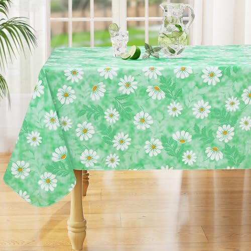 Rectangle Waterproof Vinyl Table Cloth, Wipeable Tablecloth with Flannel Backing, Plastic Table Cover for Dinner, Picnic, Indoor and Outdoor (Green Daisy, 52" x 70") - color: Green, size: 70" x 52" (Rectangular)
