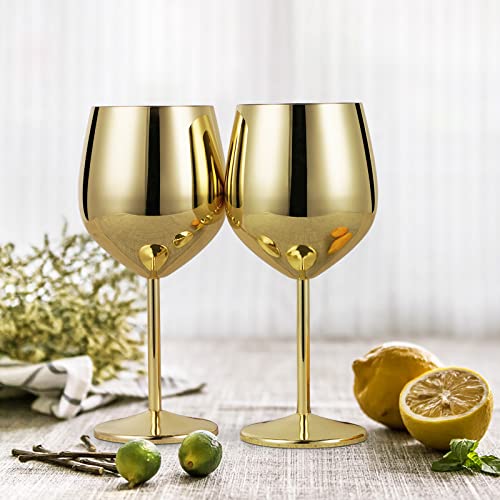 Lifecapido Stainless Steel Wine Glasses Set of 4, 18oz Stainless Steel Wine Goblets, Stemmed Metal Wine Glasses with Cup Brush for Party Office Wedding Anniversary, Great for Red White Wine (Gold) - color: Gold