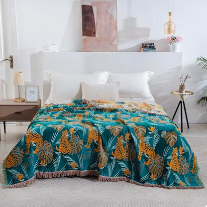 100% Cotton Muslin Throw Blanket 60''x80'', Soft Breathable Lightweight, All-Season Reversible Bohemian Tropical Safari Leopard Animal Print Bedspread Coverlet, Fringed Teal Jungle Bed Throw - color: Orange Leopards, size: 60"x80"