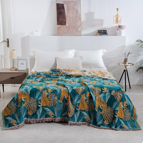 100% Cotton Muslin Throw Blanket 90''x98'', Soft Breathable Lightweight, All-Season Reversible Bohemian Tropical Safari Leopard Animal Print Bedspread Coverlet, Fringed Teal Jungle Bed Throw - color: Orange Leopards, size: 90"x98"